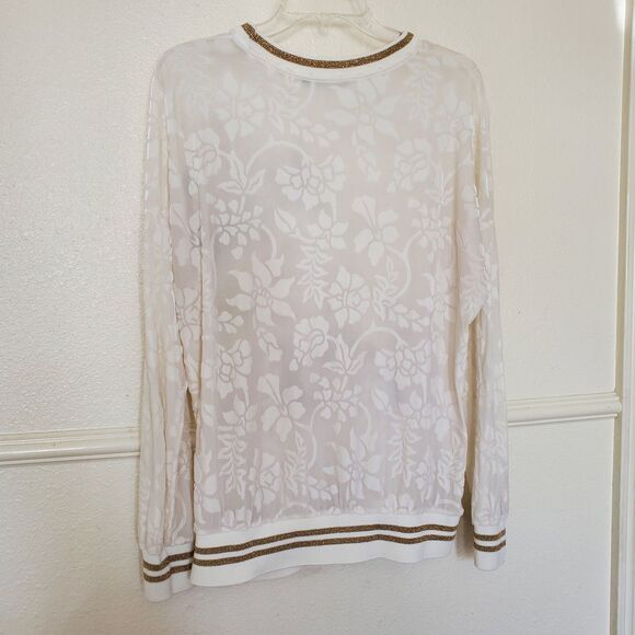 Desigual Women's XL Off-White Burnout Velvet Floral Sheer Top Gold Trim Pullover - Picture 7 of 15